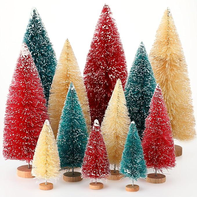 Meooeck 12 Pcs Mini Christmas Trees Bottle Brush Christmas Trees 4 Sizes 4/6/8/10 Inch Artificial Xmas Tree with Wood Base Winter Fake Pine Tree Decor for Home(Green, Beige, Red)
