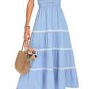 Kate Kasin Womens 2025 Summer Casual Dress Sleeveless Square Neck Smocked Ruffle Boho Flowy Maxi Beach Sundress(Blue, XL)