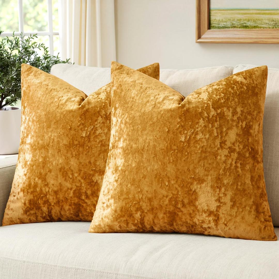 MIULEE Velvet Throw Pillow Covers Set of 2, Soft Neutral Decorative Pillow Cases with Luxurious Textured Vintage Cushion Covers for Home Decor Couch Sofa Bed,Mustard Yellow 18x18 inch