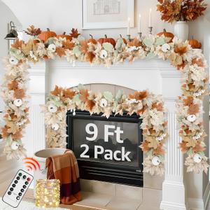 Neutral Fall Garland for Mantle Fireplace - 2 Pack Toatal 18Ft Outdoor Autumn Leaves Decor for Home Front Door with Pumpkins Indoor Maple for Farmhouse Stairs Porch Halloween Thanksgiving Decorations (9Ft)