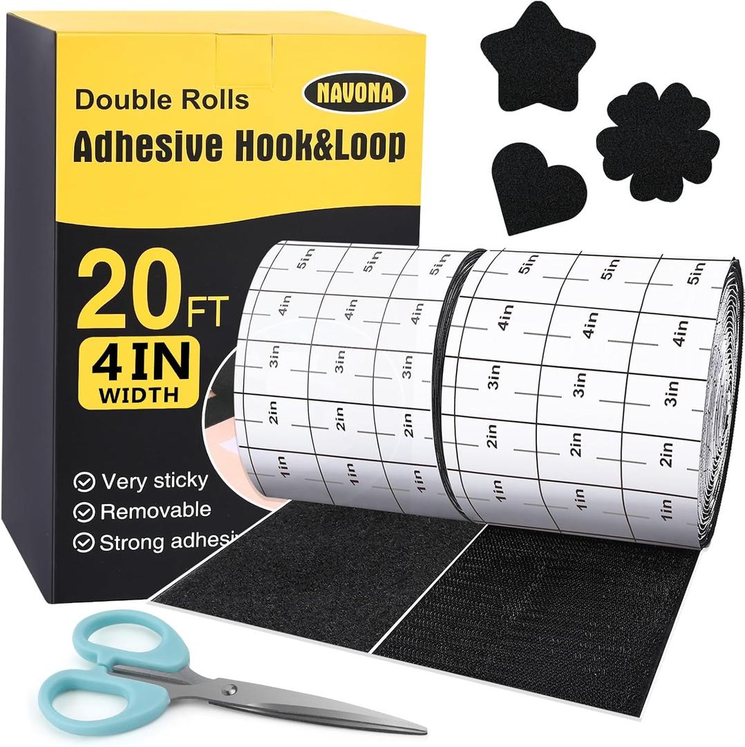 Navona 20Ft x 4 Inch Heavy Duty Hook and Loop Tape with Adhesive, Carpet Anti Slip Rug Gripper, Couch Cushion Grip, Hook and Loop Strips for Home, Office, DIY and Car -Black
