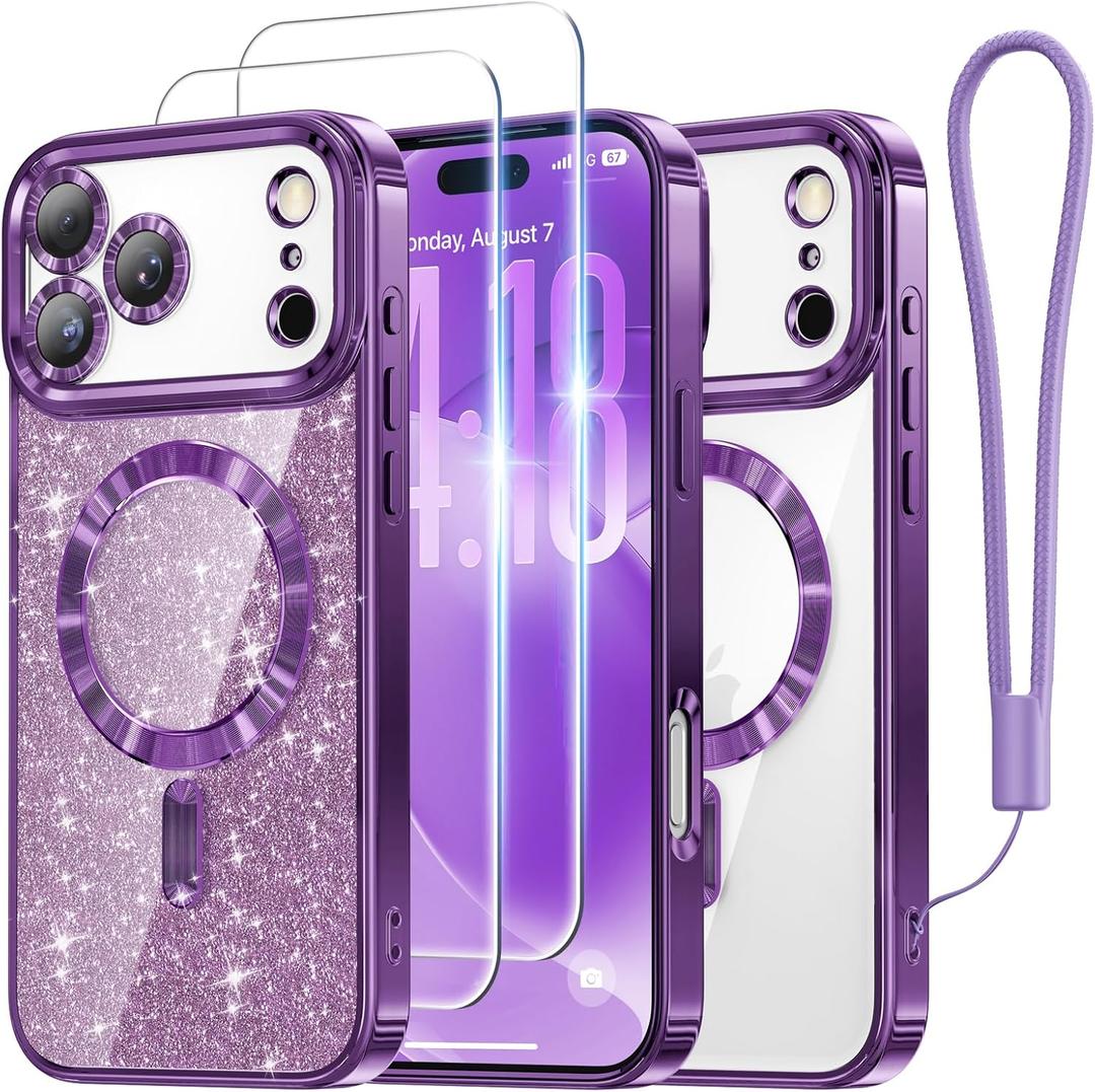 Meifigno Designed for iPhone 17 Pro Case 6.3", [Glitter Card & Wrist Strap] [Compatible with MagSafe] [2X HD Screen Protectors] Surround Raised Lens Protection for 17 Pro Phone Case for Women, Purple