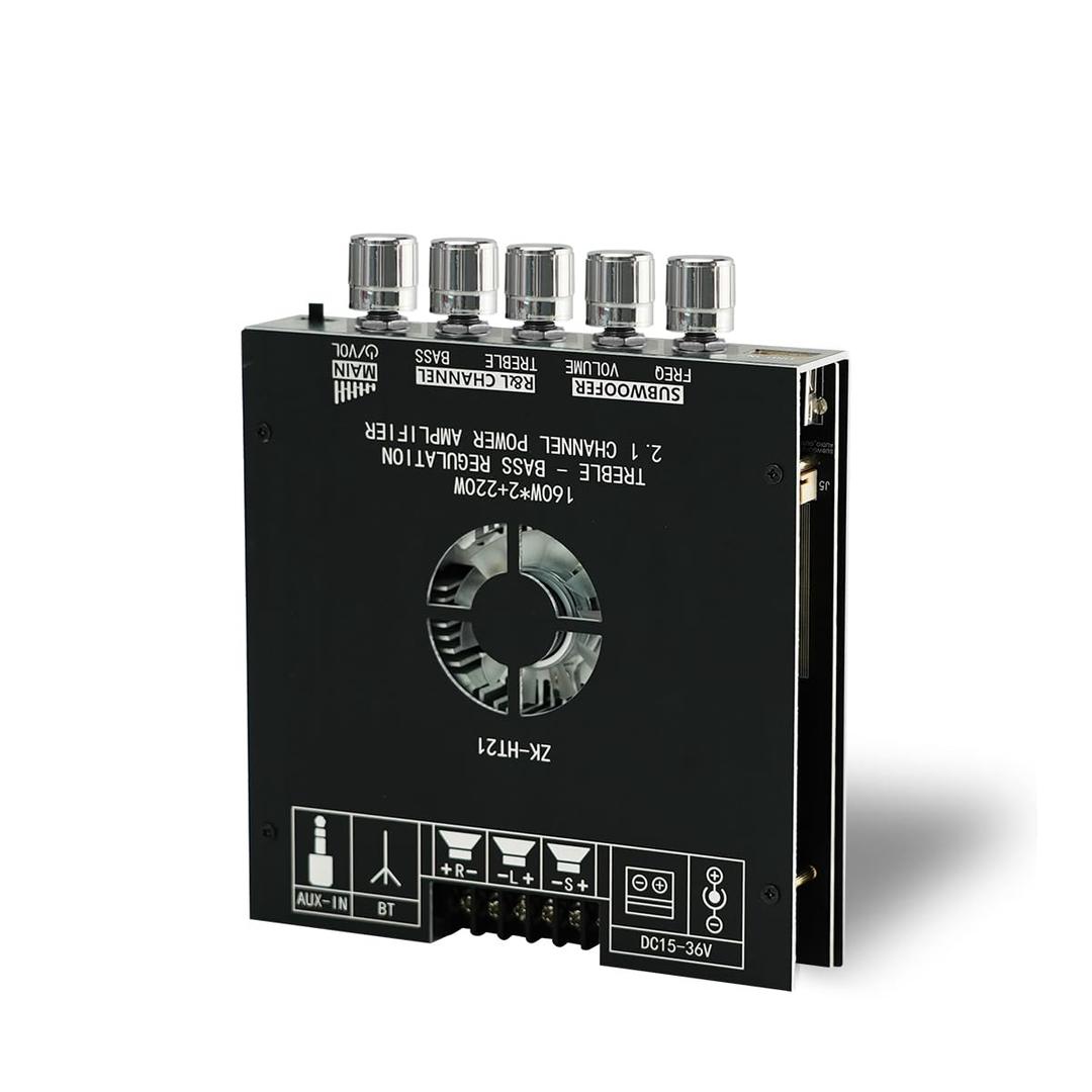 Bluetooth Digital Amplifier Board, 160W2+220W Subwoofer 2.1 Channel Audio Receiver Power Amplifier Module with Treble and Bass Control for DIY Speakers-HT21