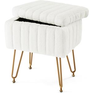 Sweetcrispy Vanity Stool Chair with Storage, Ottoman Faux Fur Soft Padded Makeup Footstools Seat with 4 Metal Legs Anti-Slip Adjustable Feet for Home Entryway Bedroom, White