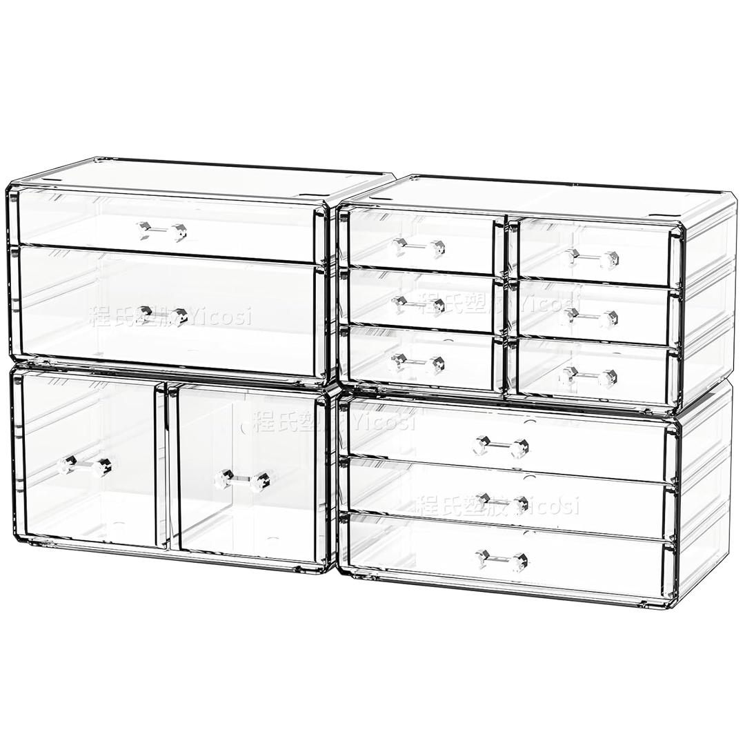 Cq Acrylic 4 Pack Clear Acrylic Drawer Organizer Countertop,Stackable 13 Drawers Makeup Storage, Cube Make up Organizer for dresser Hair Clip,Beauty Product Desk and Bathroom Organizers and Storage