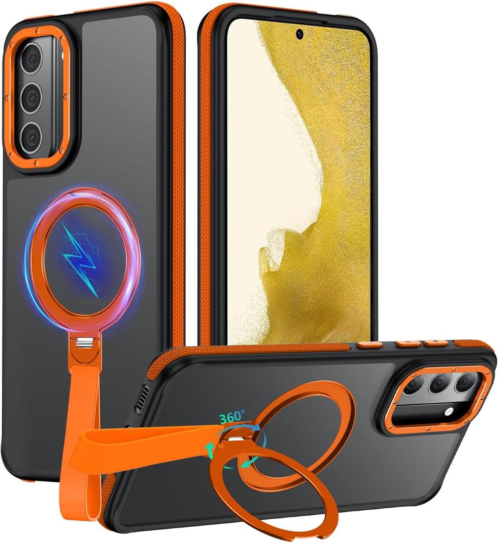 for Samsung Galaxy S22 Case with 360Spin Magnetic Stand & Finger Strap, [Fit for MagSafe][Mil-Grade Protection] Ring Holder Kickstand Non-Slip Shockproof Matte S22 Phone Case (Orange)