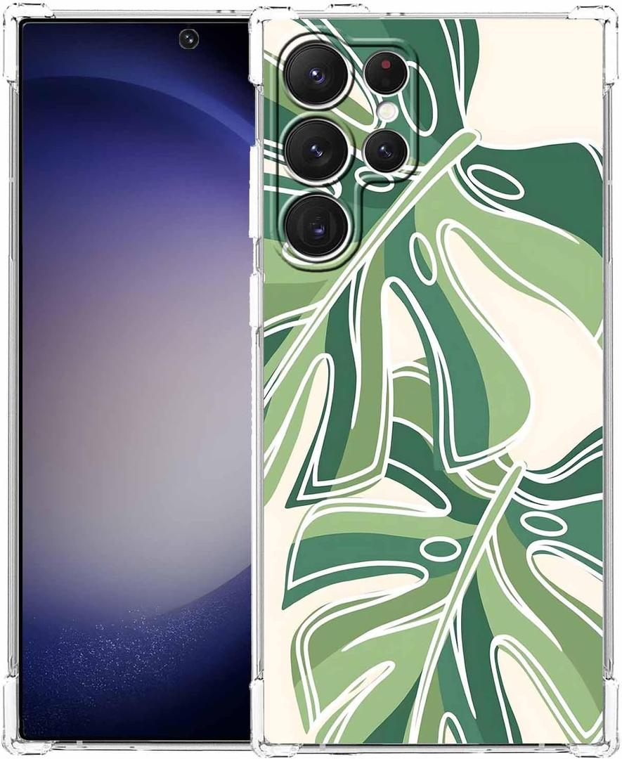 Monstera Leaves Case Compatible with Samsung Galaxy S23 Ultra,Minimalist Plant Line Art Pattern,Trendy TPU Bumper Case for Galaxy S23 Ultra