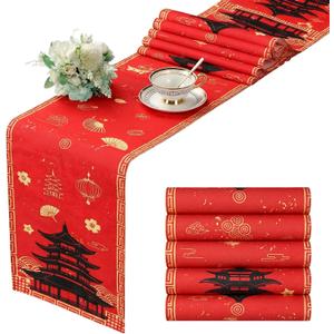 Fanfanwin 4 Pcs Hibachi Party Decorations Hibachi Table Runners 13 x 72 Inch, Faux Linen Table Covers, Asian Pagoda Lantern Print Red Tablecloth for Chinese Japanese Themed Birthday Party Supplies