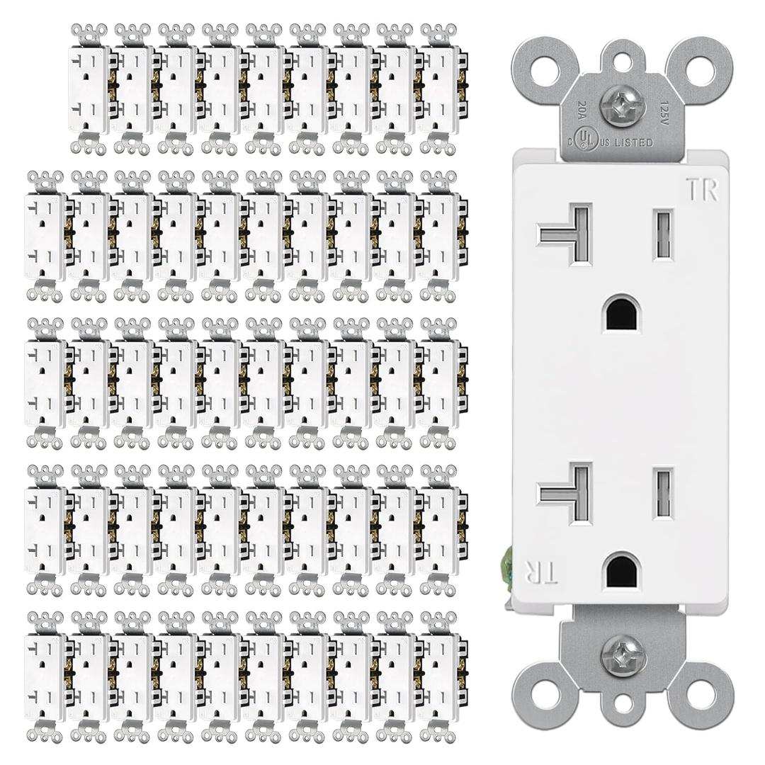 CML 20 Amp Decorator Receptacle Outlet with Tamper Resistant (TR), Standard Electrical Wall Outlet, 20A/125V, UL Listed, White, 50 Pack