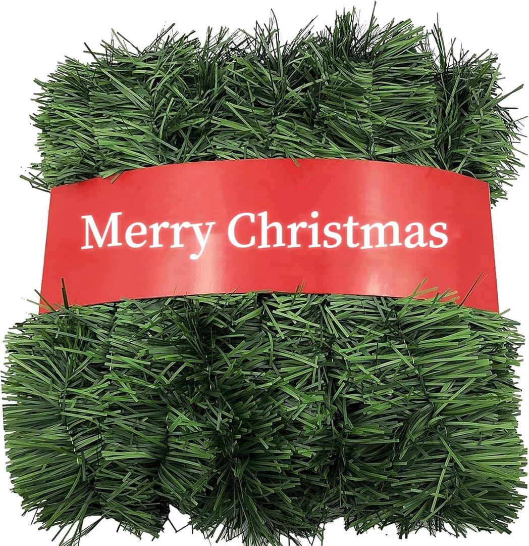50FT Green Artificial Christmas Garland with Bendable Metal Wire, 2 Pack Non-Lit Soft Pine Greenery Garland for Indoor or Outdoor Decor, Holiday Wedding Party Decoration for Stairs Mantle Door