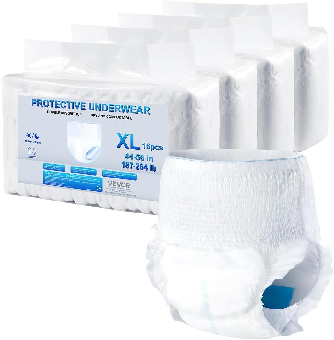 VEVOR Adult Incontinence Underwear, High Absorbent Protective Underwear for Men & Women, Disposable Adult Pull-ups Diaper with Leakproof Leg Cuff & Wetness Indicator - XL Size, 64 Count (4 Pack of 16)