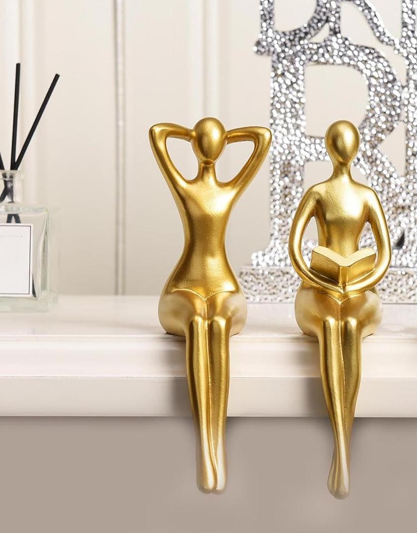 Quoowiit Gold Decor Thinker Statue Decor Book Shelf Decor, Abstract Statue Ornament Office Decor Modern Home Decor Decorations for Living Room Collectable Figurines Coffee Table Decor 2 Piece