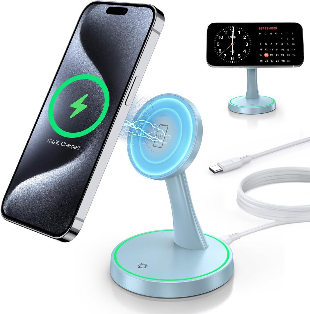 Magnetic Wireless Charger Stand 15W Fast Mag-Safe Charger for iPhone 17 /17 pro/ 17 Air/ 17 pro max 16/15/14/13/12 Series Magnet Wireless Charging Station/Pad with Sleep-Friendly Light for AirPods