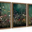 Vintage Wildflower Wall Art Set of 3, Moody Dark Green Flower Botanical Wall Decor Paintings, Nature Floral Farmhouse Landscape Posters Prints Pictures for Living Room Bedroom 12x16 Inch Wood Framed