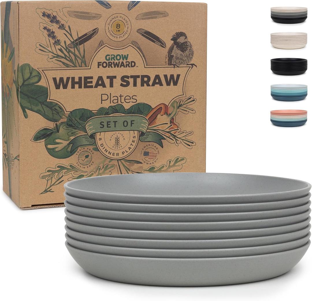 Grow Forward Premium Wheat Straw Dessert Plates - 8 Inch Reusable Hard Plastic Plates Set of 8 - Unbreakable Microwave Safe Plates for Dinner, Camping, RV, Outdoors, Patio, Kitchen Dishes - Feather