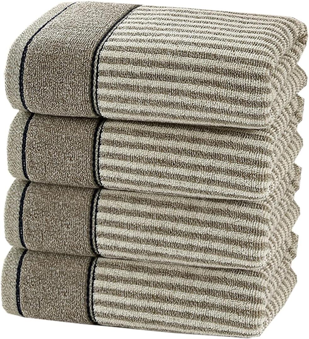 Pidada Hand Towels Set of 4 100% Cotton Striped Pattern Absorbent Soft Decorative Towel for Bathroom (Gray Brown)
