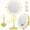 9" Lighted Makeup Mirror with 1X 10x Magnification, 5000mAh Rechargeable Magnifying Vanity mirror with lights, 3 Lighting Color, Dimmable and Height Adjustable Cordless Cosmetic Mirror (10X Gold)