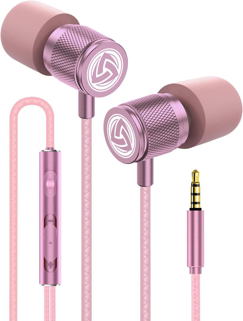 LUDOS Ultra Wired Earbuds in-Ear Headphones, Earphones with Microphone, Noise Isolating Ear Buds, Memory Foam for iPhone, Samsung, School Students, Kids, Women, Small Ears - Pink