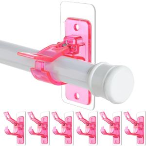 6-Pack No Drill Needed Curtain Rod Holders Brackets, Self Adhesive Rods Holder Hooks, Multipurpose Nail-Free Stick on Curtain Rod Hooks-Transparent Berry Pink