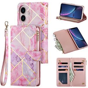 UEEBAI Wallet Case for iPhone 16, PU Leather Wallet Magnetic Closure Handbag Zipper Pocket Cover Kickstand Card Slots with Hand Strap Marple Flip Case for Women - Pink Purple