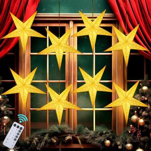 Hiboom 8 Pack Paper Star Lantern 24 Inch, 8 Mode 50 LEDs Firework Fairy String Lights, Five Pointed Light up Hollow Out Star Hanging Decoration for Indoor Outdoor Room Wedding Christmas Party