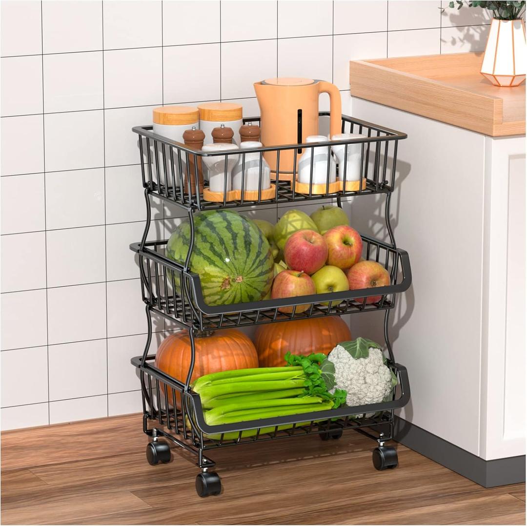 Gsiekare Fruit Vegetable Basket for Kitchen, 4 Tier Stackable Fruit Vegetable Storage Baskets with Wheels, Metal Wire Storage Basket Organizer Baskets for Kitchen, Pantry, Bathroom