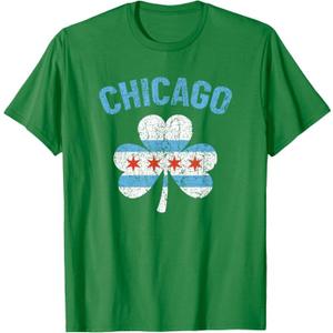Vintage Chicago Flag Shamrock Clover Irish Pride St Patricks T-Shirt (XL, Green)