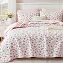 Oversized King Size Quilt Set 128x120 Pink Floral Extra Wide Super King Size Quilted Bedspread Coverlet 3-Piece Garden Style Flowers Reversible Comforter Bedding Set Bed Cover with 2 Pillow Shams | Lightweight Quilt, Cottagecore Quilt, Shabby Chic Floral, Garden Style Flowers, Blue Floral Quilt, Coquette Bedding Set
