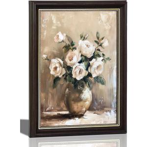 Black Gold Framed Vintage Still Life Floral Wall Art, White Rose Painting Picture Wall Decor, Country White Flower Poster Print Artwork for Bedroom, Living Room, Office Room, Home Decoration 12x16inch
