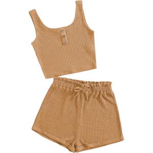 Girl's 2 Piece Outfits Waffle Knit Scoop Neck Button Down Crop Tank Tops Paperbag Waist Track Shorts (10-11 Years, Light Khaki)