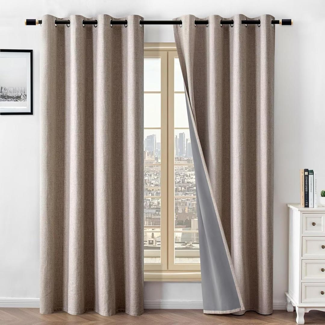 100% Blackout Curtains 90 Inch Length 2 Panels Set, Linen Curtains for Living Room, Black Out Thermal Insulated Grommet Drapes Bedroom Luxury Decor Privacy(52W  90L inch, Linen)