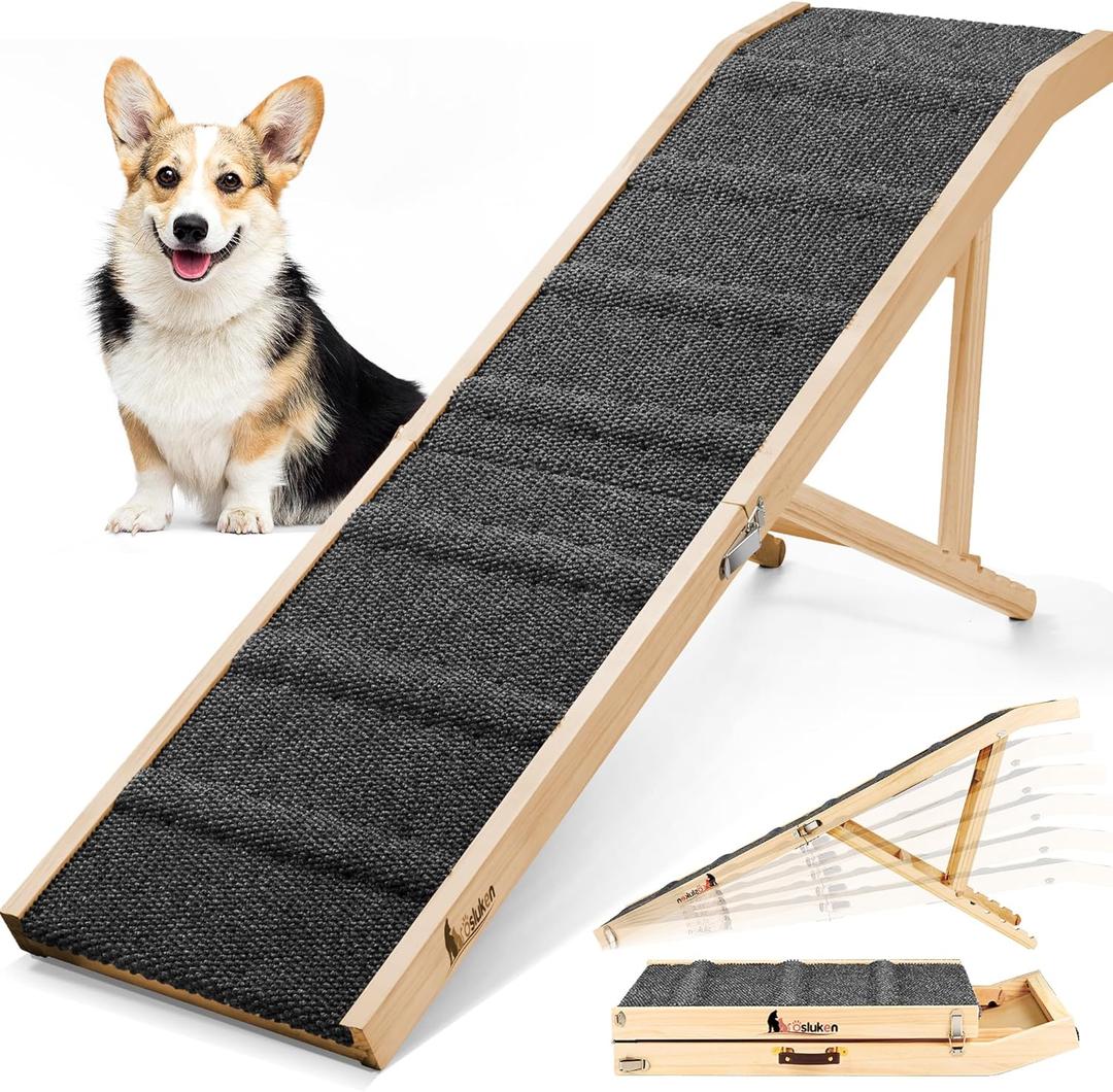 Dog Ramp for Bed, 64" Long Foldable Pet Ramp for Small Large Dogs, Dog Ramps for High Beds Car, High Traction with Platform 6 Adjustable Heights 24" to 30" Up to 220LBS Black