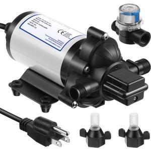 Water Pressure Diaphragm Pump Industrial 115V 4 GPM 45 PSI, Self Priming Water Booster Pump with Power Plug, Fittings Strainer Filter for Kitchen Bathroom RV Marine Caravan, Food Truck, Hose(Black)
