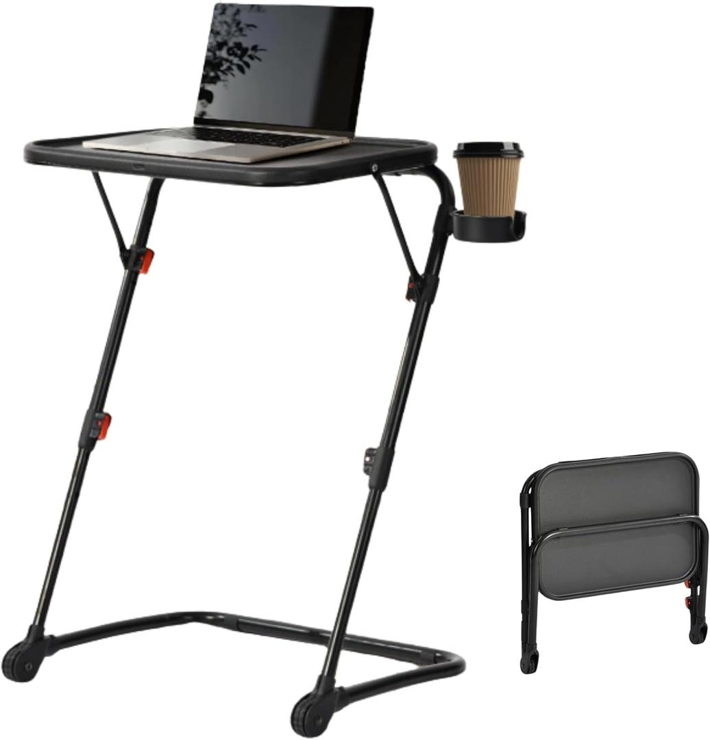 Homy Casa Adjustable Z Shaped TV Tray with Cup Holder, Small Sofa Side Table with Foldable Frame, Slide Under Couch Tray Desk for Living Room & Bedroom, Sturdy Metal Frame with PP Top, Black (Set of 1)