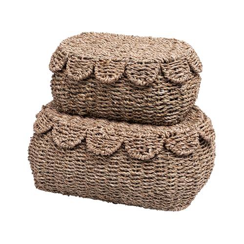 LUSYDECO Set of 2 Hand Round Wicker Storage Baskets, Rattan Basket Decorative Boxes, Woven Storage Box Seagrass Baskets with Lids, Scalloped Edge Wicker Basket with Lid, 14"D x 10"W x 6"H