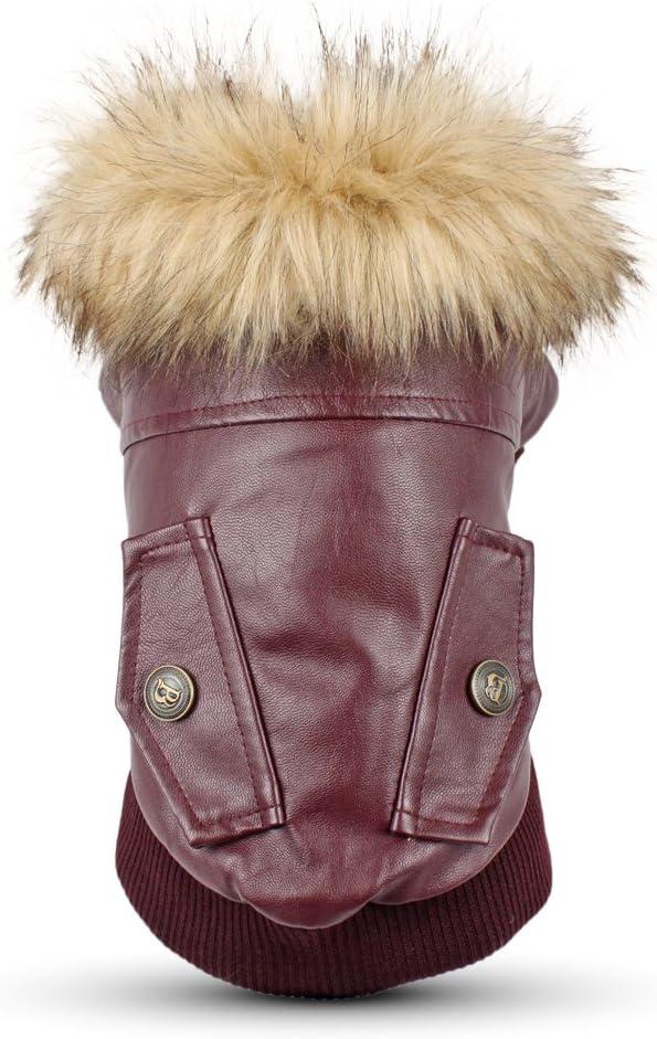LESYPET Dog Leather Jacket for Small Dogs, Waterproof Dog Winter Jacket Puppy Coat with Fleece Lined, Ultra Warm Fur Collar Doggie Coat, Red S