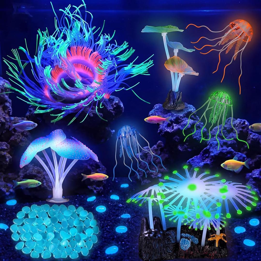 Weewooday 57 Pieces Glowing Fish Tank Decorations Plants with Simulation Silicone Coral Glowing Jellyfish Lotus Leaf Changeable Green Sea Anemone Luminous Stones for Aquarium Fish Tank Ornament