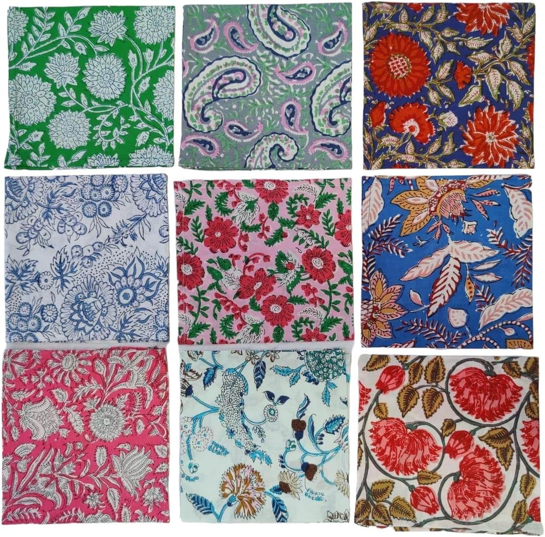 INDIANHANDICRAFTS 10 Pc Mix Lot Hand Block Print Napkin, 100% Cotton, 16x16 Inch, Multicolor Floral, Square, Napkin