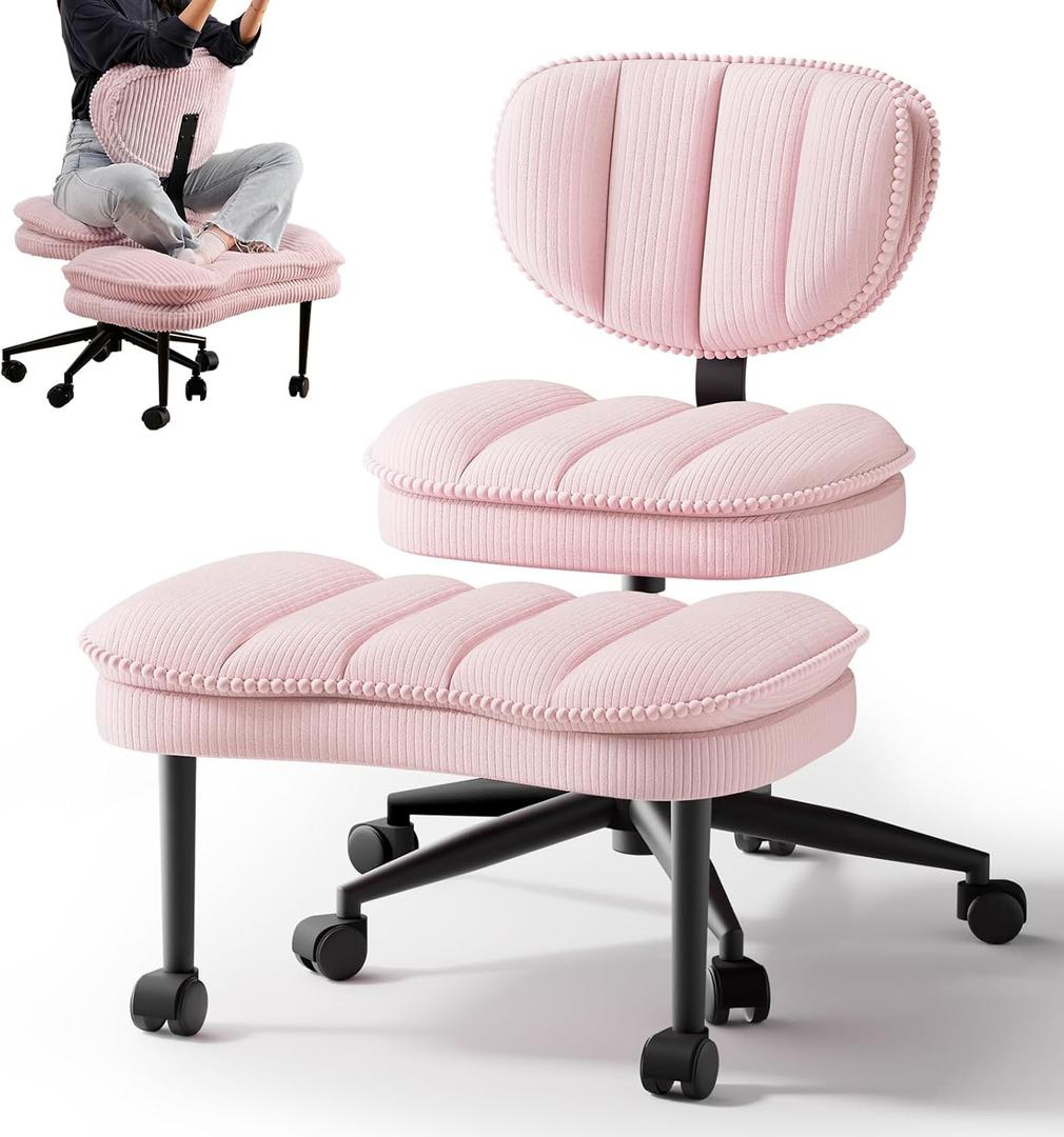 Cross Legged Office Chair, Ergonomic Cloud Criss Cross Desk Chair, Meditation Chair with Wheels, Height Adjustable Seat for ADHD, Wide Kneeling Chair with Back Support, Pink