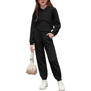 Arshiner 3 Piece Girls Jogger Set Sweatsuits Crop Sweatshirt Hoodie Adjustable Cami Top and Sweatpants (9-10 Years, Black)