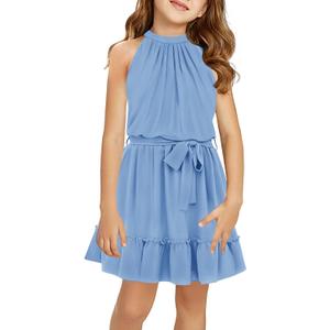 Newffr Girl's Halter Neck Sleeveless Summer Dress Tie Waist A-line Sundress Mini Swing Pleated Dress for Girls (5-6 Years, Z1-blue)