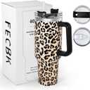 40 oz Tumbler with Handle and Straw, 100% Leak-Proof Travel Mug, Stainless Steel Double Wall Vacuum Insulated Coffee Cup Keeps Cold For 34 Hours, Cheetah