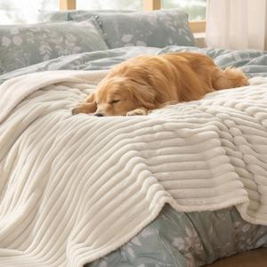 Bedsure ComfyFleece Waterproof Dog Blankets for Large Dogs - Soft Pet Cat Blanket Corduroy Fleece for Bed Protector Washable, Cozy Calming Reversible Furniture Protection,60"x80", Cream