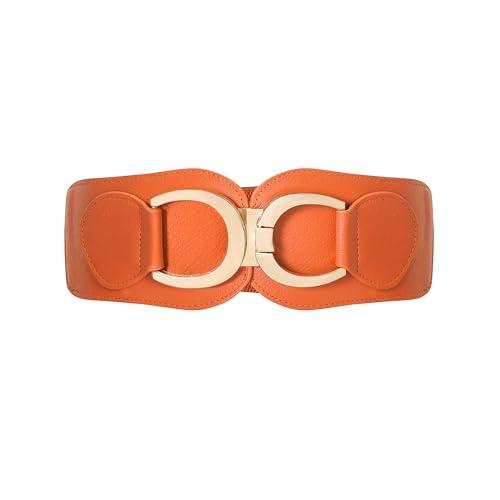 Clyralisa Women Stretchy Wide Belt Gold Buckle Elastic Vintage Waist Belts for Dresses Coats Orange L