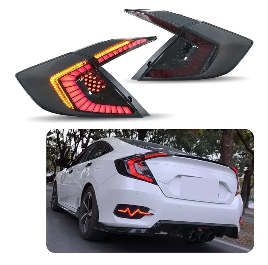 LED Tail Lights Replacement for 2016-2021 Honda Civic 10th Gen, Start Up Dynamic Animation Rear Lamps Assembly with DRL (1 Pair) (Smoked lens)