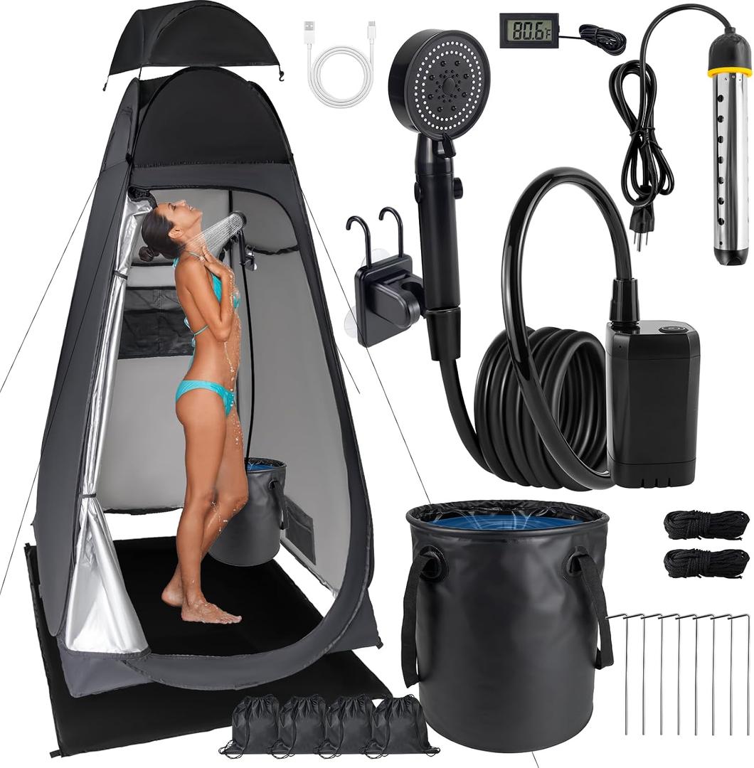 Portable Camping Shower Kit: 6ft Tent, 4000mAh Pump, 1500W Heater & Bucket