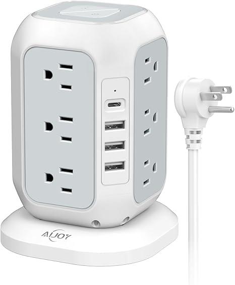 AiJoy Surge Protector Power Strip - 12 AC Outlets, 4 USB Ports (1 USB-C), 10ft Extension Cord, Charging Station with Surge Protection for Home, Office, Dorm, Color: White-USB C