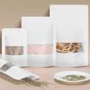 100pcs Kraft Bags with Window 3.5x5.5 Inches White Reusable Sealable Zip Lock Food Storage Stand up Paper Pouches for Home or Business