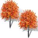 2 Pack Artificial Boxwood Topiary Ball Trees with Fall Flowers & Ground Spikes for Outdoor, UV Resistant Artificial Shrubs Faux Plants Fake Bushes Look Real for Garden Porch Yard Patio