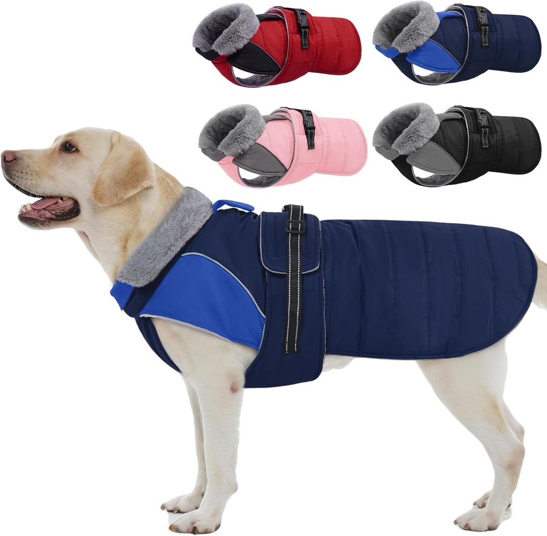 Nanaki Large Dog Coat for Winter Waterproof, Warm Fleece Lining Reflective Large Dog Jacket with Leash Hole, Furry Collar Cold Weather Puppy Vest Outdoor Walking Hunting Easy On Pet Snowsuit Blue, Size: 2XL